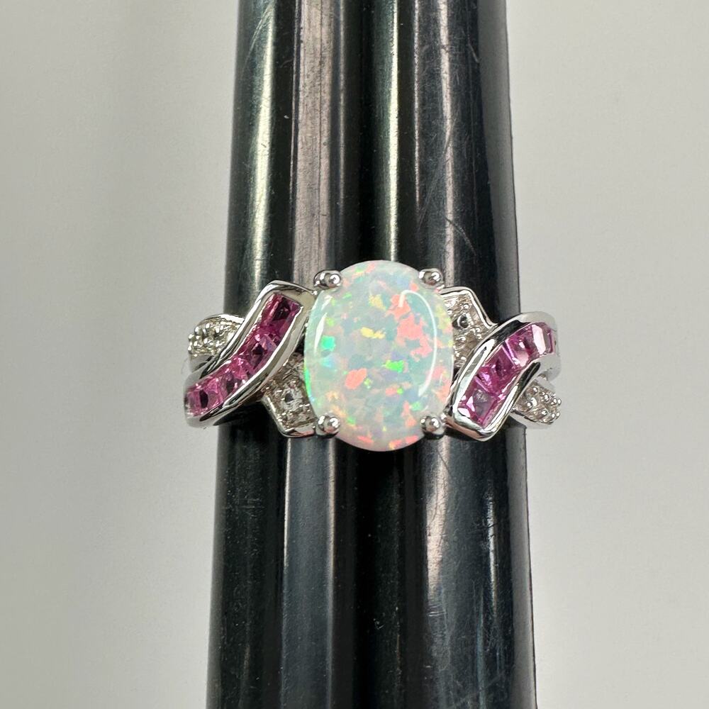 Beautiful Lab Created Opal & Sapphire Ring - Size 7 - Picture 12 of 15